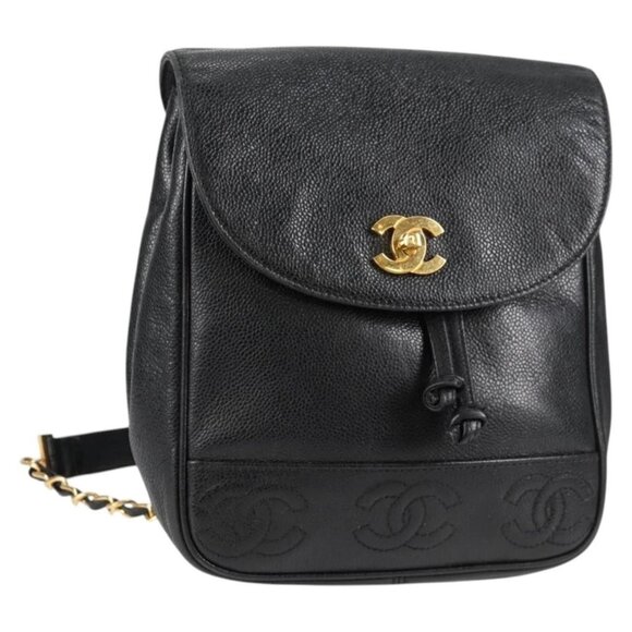 CHANEL Chain Backpack Grained Calf Skin Black Gold CC Auth 134966V - Picture 1 of 16